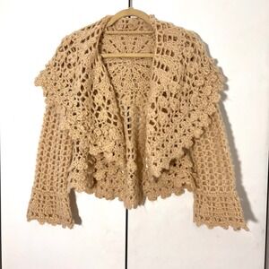 Crochet Open Knit Cardigan Shrug Beige Scalloped Bohemian Festival Cottagecore S